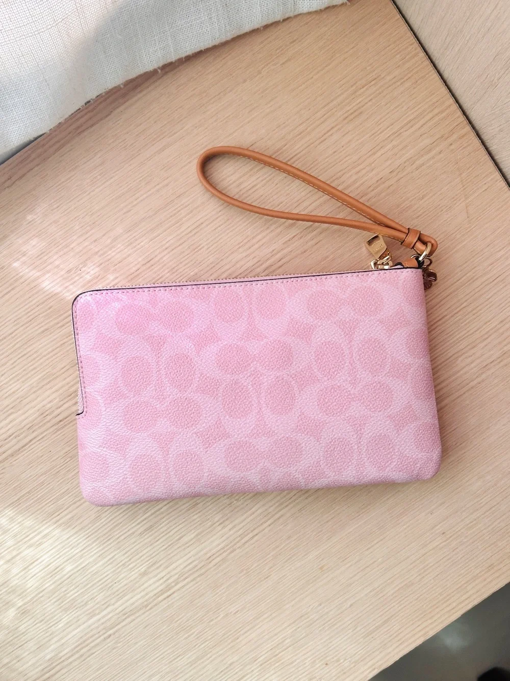NWT🌸Coach Double Zip Wristlet In Signature Canvas With Charms Powder Pink CEF61
